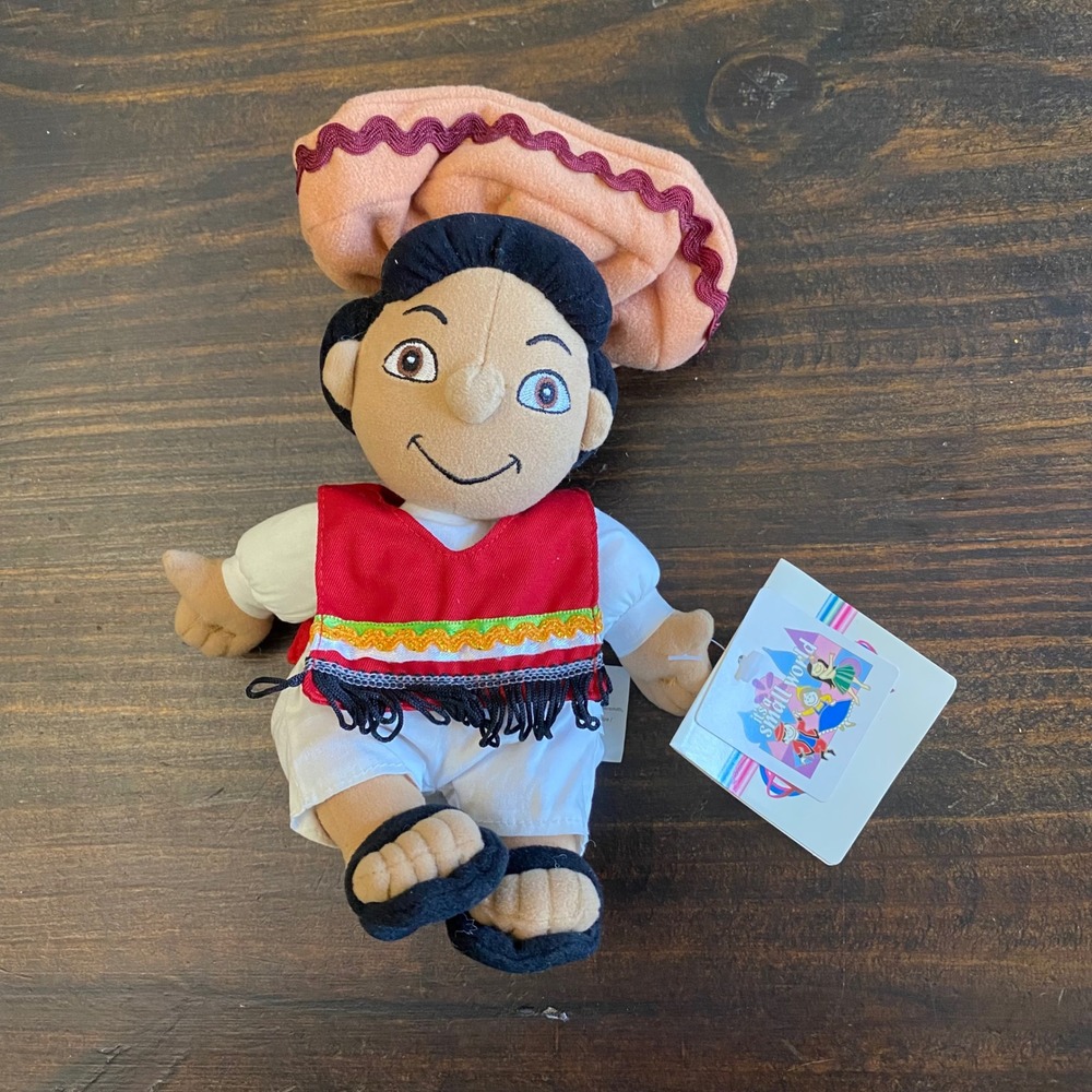 Disney Store Mexico Boy Small World Bean Bag Plush Sombrero Red Vest 9 Inch NWT‎